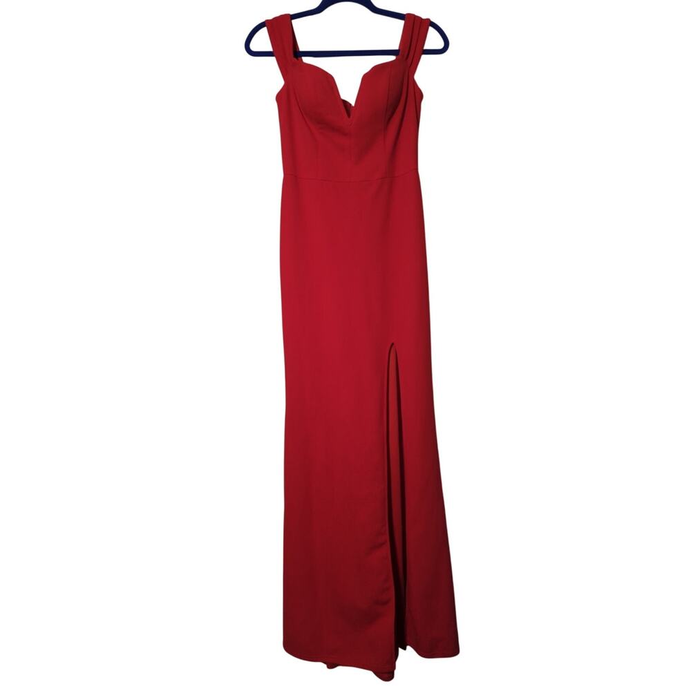 DB Studio Red Formal Gown Sweetheart Slit Floor Dress Sz 4 Flaw Shoulder